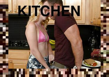 Samantha Rone gets all holes filled by brother’s friend dick in the kitchen