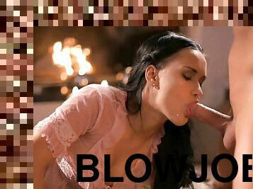 Beautiful hot lover gives CFNM blowjob to big cock partner