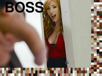 Ginger babe climbs on table to get fucked by her boss