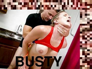 Hot busty babe hardcore sex at the kitchen
