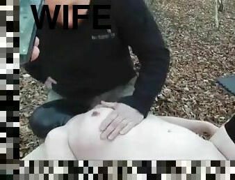 Slut wife rubber hood gangbang in the woods part 2