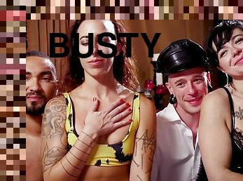 Busty BDSM MILF suffers electrosex in public with ebony