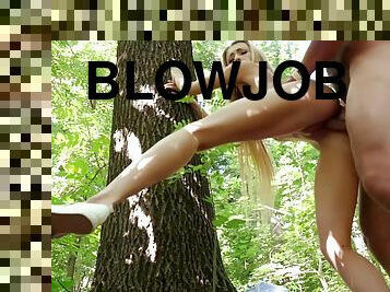 Tiny tits Teen Sabby gives POV blowjob and takes a dick in the woods