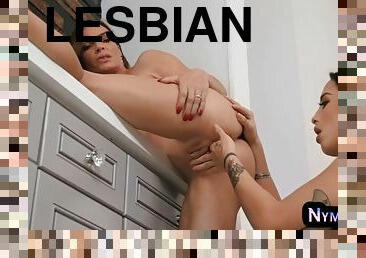 NYMPHOBAE - Lesbian MILF gets licked and fingered by girl in bathroom