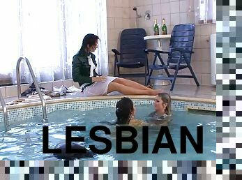 babes, lesbienne, trio, piscine, fétiche, sauvage