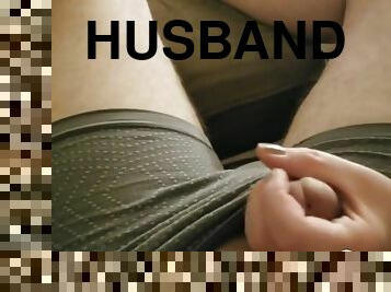 Husband's dick rubbed by his mature wife's silky feet