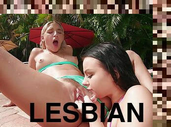 Abella enjoys poolside lesbian sex with Payton