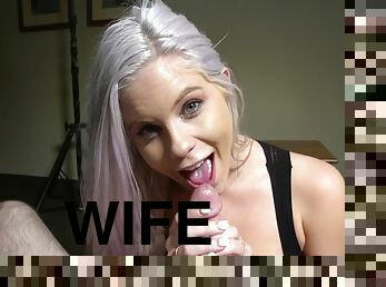 Blue-eyed mom wife with big natural tits gives sloppy POV blowjob for cum