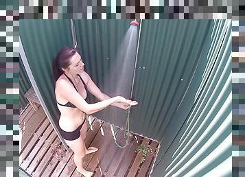 Brunette MILF Showering in Public Pool