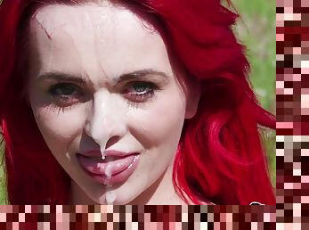 outdoor facial cumshot in the fields - super busty redhead Jasmine james