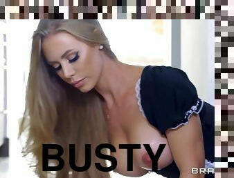 Doggystyled busty maid Nicole Aniston blowing bick dick in the kitchen