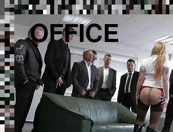 kontor, anal, gruppsex, dubbel, slyna, blond, knullande, underkläder, uniform, penetrering