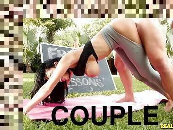 Crazy Couple Copulate In Pervy Yoga Positions On The Green Grass