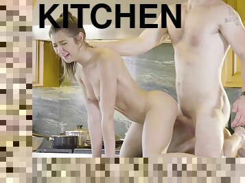 Teen chick with small boobies Lily Adams sucks dick and fuck in kitchen