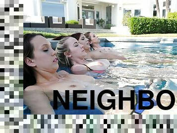 Spying neighbor fucks bikini besties by the pool