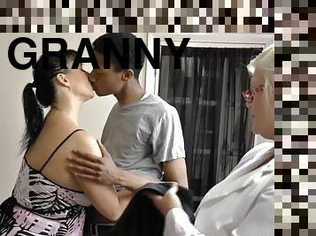 Brit granny in threeway rides black big penis - threesome sex