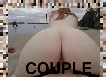 utomhus, publik, cumshot, tonåring, par, strand, pov