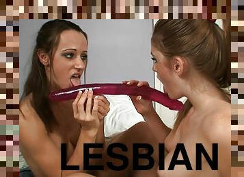Lesbian girls with natural tits making out with dildo in bedroom