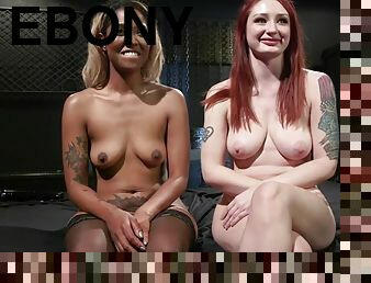 Ebony lezdom mistress gets licked by submissive BDSM redhead
