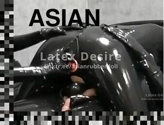 asiatisk, fitta-pussy, svart, trosor, knullande, dildo, latex, älskarinna, dominans, femdom