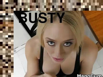 Busty porn star tittyfucks and gives high pov handjob