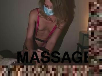Teen masseuse with small tits in rare bikini gives HJ massage