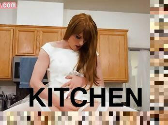 Ts redhead goddess wanks solo in the kitchen while baking