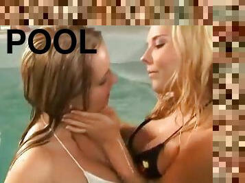 Bikini girls kissing in the pool
