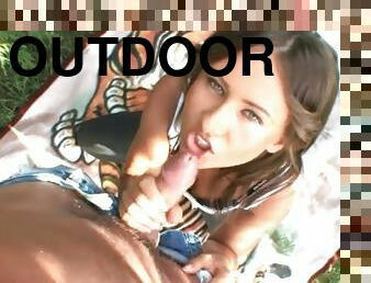 Outdoor blowjob with cum landing on her tongue