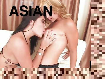 Cute asian and her girlfriend have fun