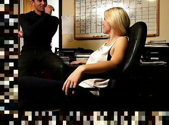 Office blonde babe is keen to try sex with the new guy