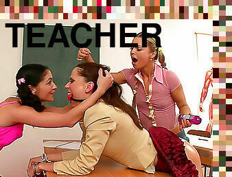 Schoolgirls dominate their teacher