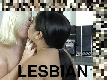 Lesbian gilf and her busty friend get messed up with food