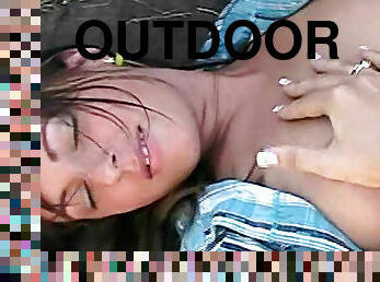 Adorable girl body tease outdoors