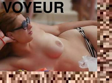 cam, plage, voyeur, assez, bikini, petits-seins, seins-nus