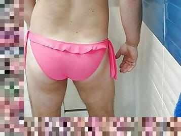 Sissy in sexy pink swimsuit monokini 