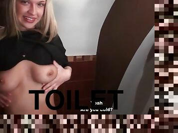 Blonde in stockings fucked in the toilet