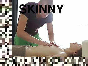 Skinny teen has anal on the massage table