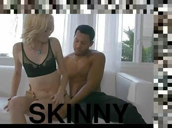 Skinny blonde woman sucks off and fucked by black dude