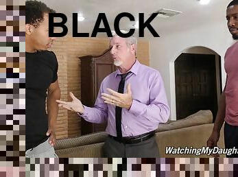 Two black hunks tear young blonde a new one hard