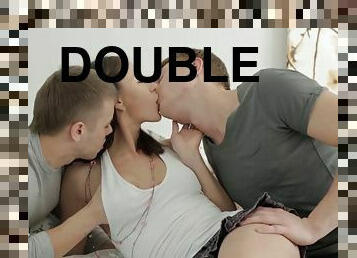 Amazing young double penetration threesome action galore