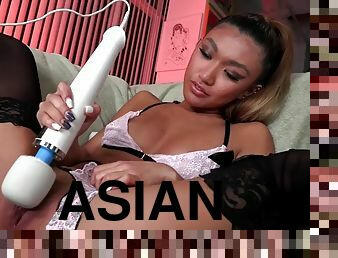 Asian babe in stockings rides and deepthroats cock POV