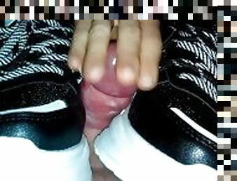 Quick shoejob with black sneakers with huge load of cum