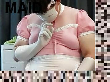 Chubby femboy in maid overalls cums