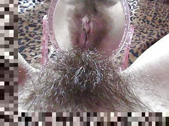 Closeup hairy pussy play with mirror and big clit 
