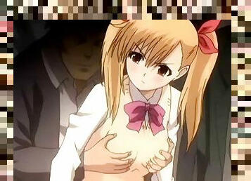 Blonde anime teen doing handjob