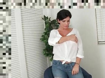 Busty Shay Fox strips from a blouse and jeans