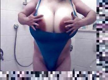 Silicone big boobs blu swimsuit