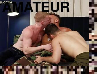 Trio of loving soldiers enjoy anal sex in the bedroom