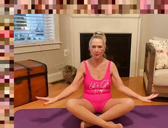 65 year old grandmother doing yoga for young men fitness